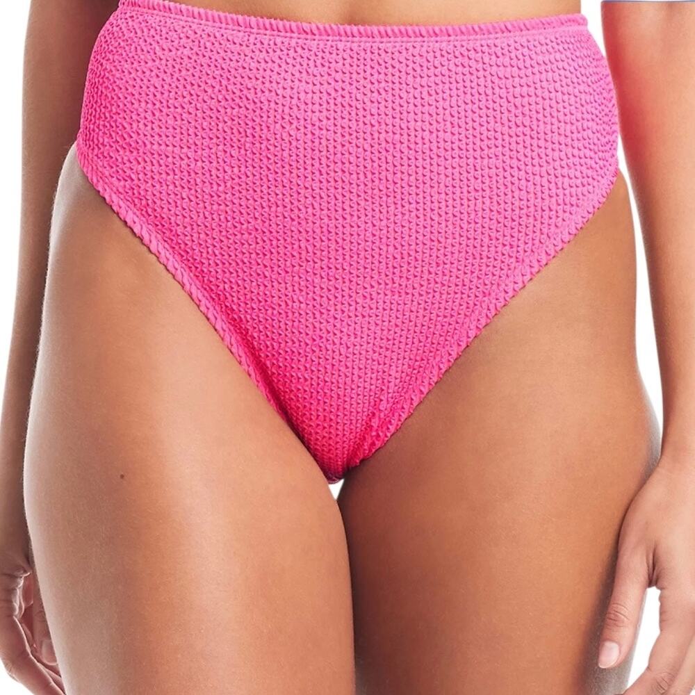 Bar III Women’s Textured High Leg High Rise Bikini Swimsuit Bottoms Pink Size L